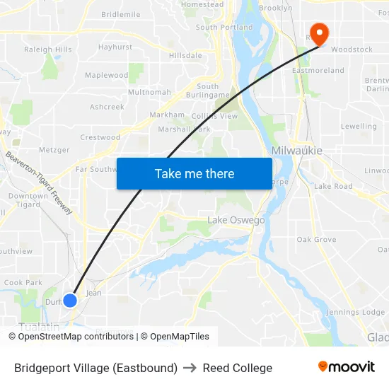 Bridgeport Village (Eastbound) to Reed College map