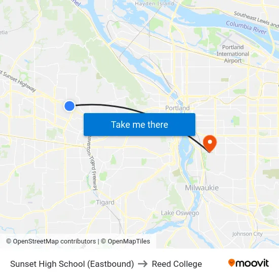 Sunset High School (Eastbound) to Reed College map