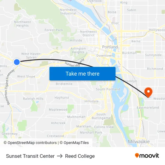 Sunset Transit Center to Reed College map