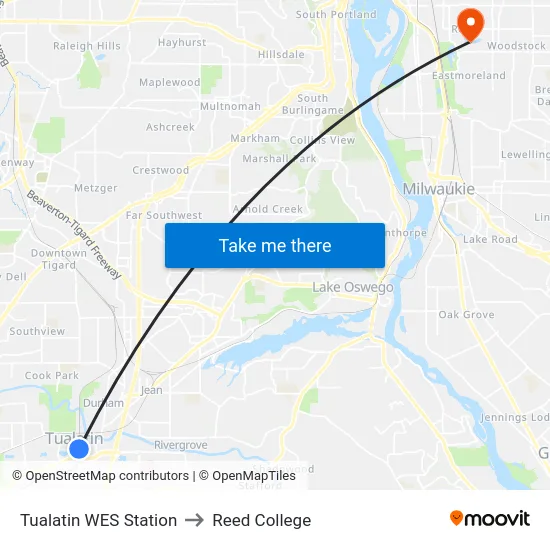 Tualatin WES Station to Reed College map