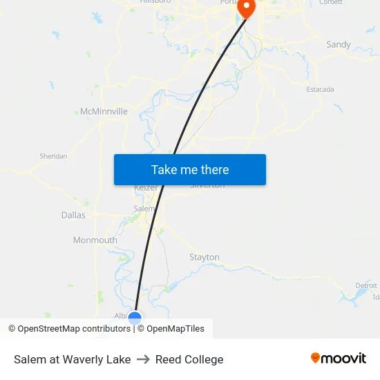 Salem at Waverly Lake to Reed College map