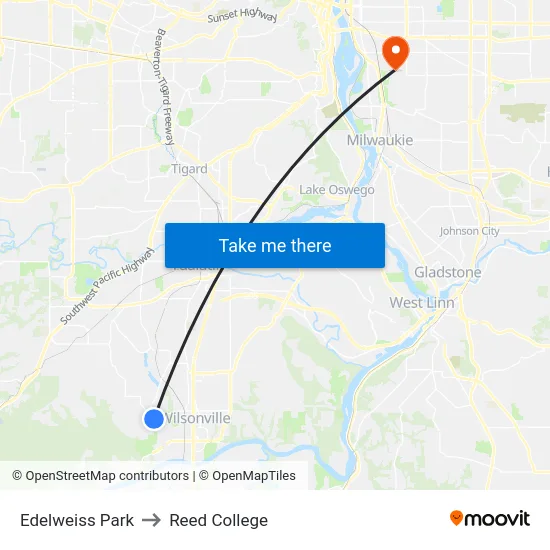 Edelweiss Park to Reed College map