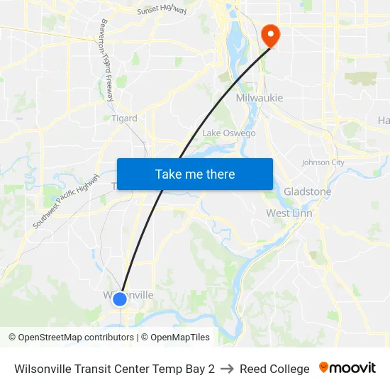 Wilsonville Transit Center Temp Bay 2 to Reed College map