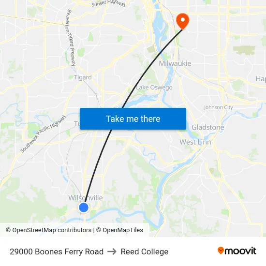 29000 Boones Ferry Road to Reed College map