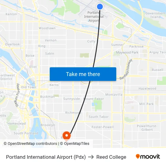 Portland International Airport (Pdx) to Reed College map
