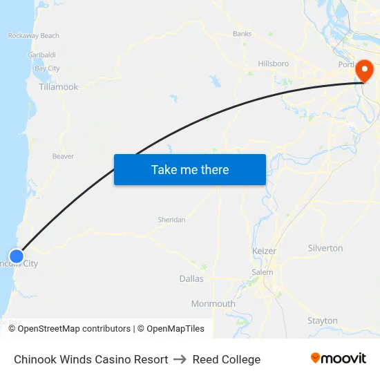 Chinook Winds Casino Resort to Reed College map