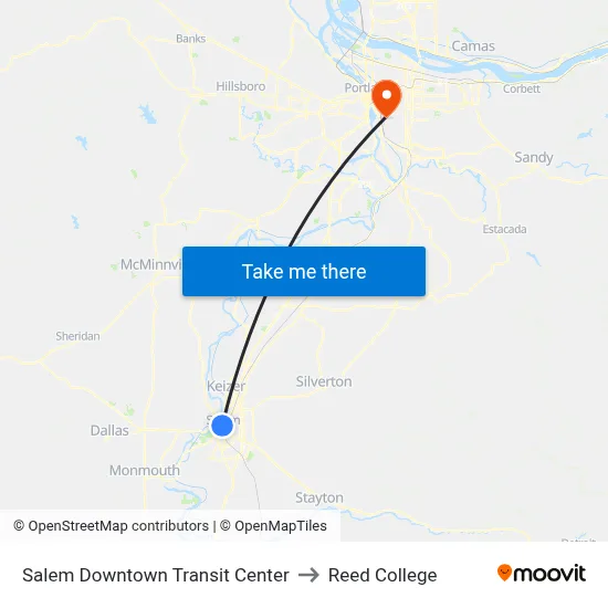 Salem Downtown Transit Center to Reed College map