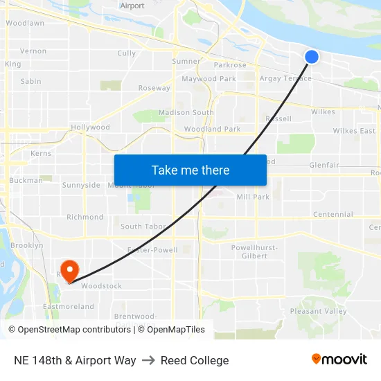 NE 148th & Airport Way to Reed College map