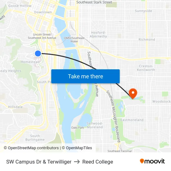 SW Campus Dr & Terwilliger to Reed College map