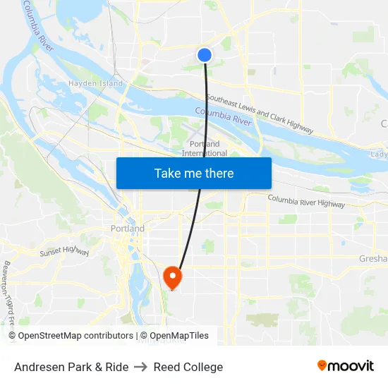 Andresen Park & Ride to Reed College map