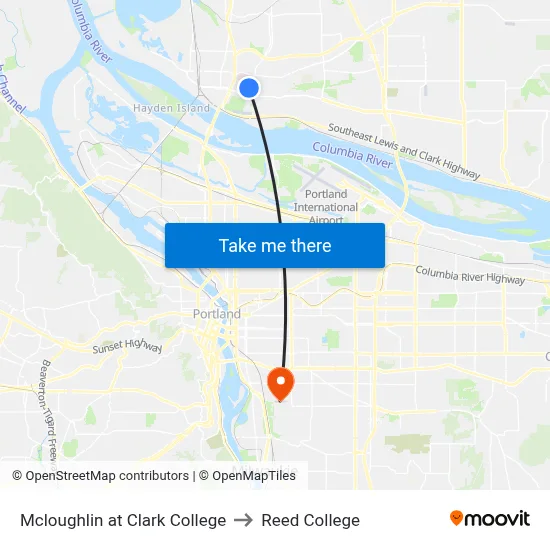 Mcloughlin at Clark College to Reed College map