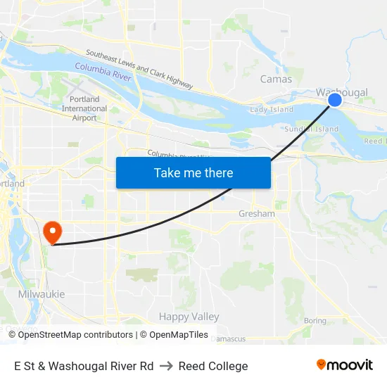 E St & Washougal River Rd to Reed College map