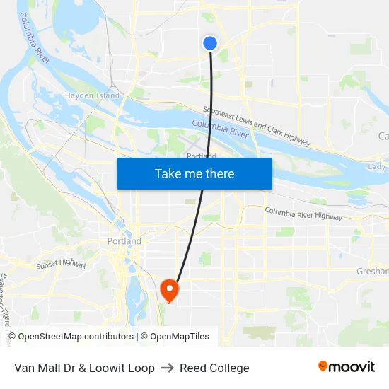 Van Mall Dr & Loowit Loop to Reed College map