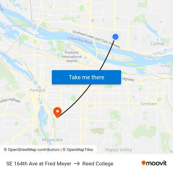SE 164th Ave at Fred Meyer to Reed College map