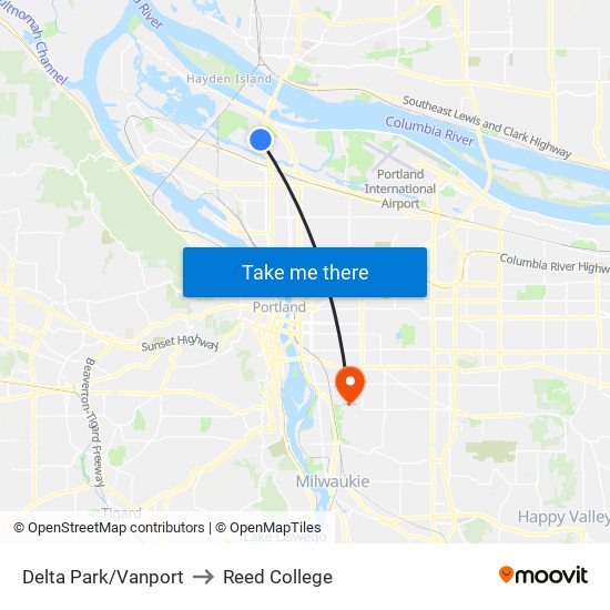 Delta Park/Vanport to Reed College map