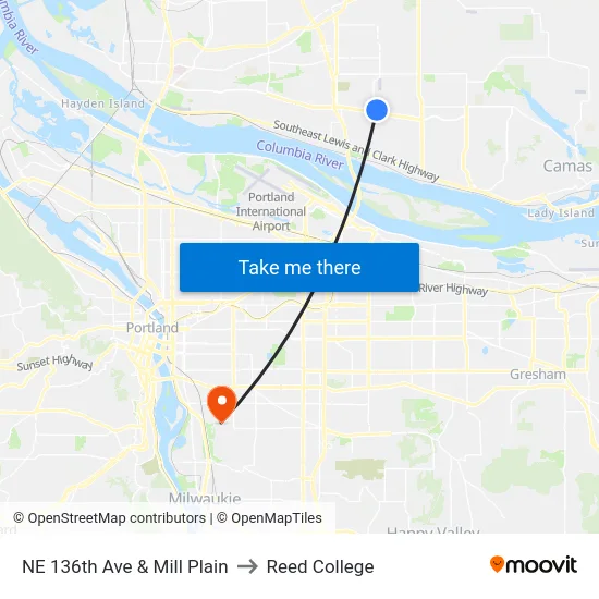 NE 136th Ave & Mill Plain to Reed College map
