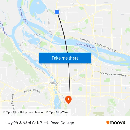 Hwy 99 & 63rd St NB to Reed College map