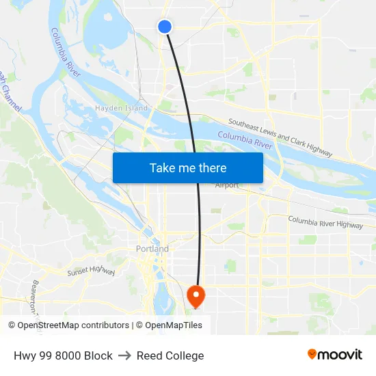 Hwy 99 8000 Block to Reed College map