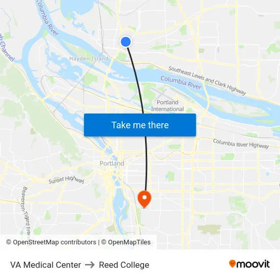 VA Medical Center to Reed College map