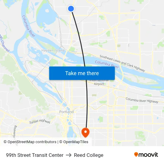 99th Street Transit Center to Reed College map
