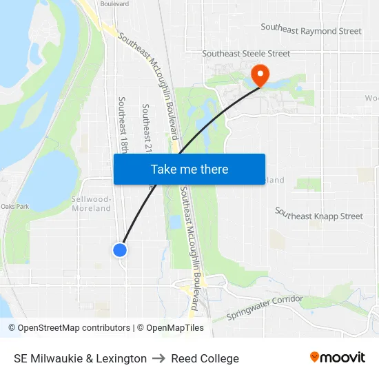 SE Milwaukie & Lexington to Reed College map
