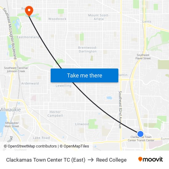 Clackamas Town Center TC (East) to Reed College map