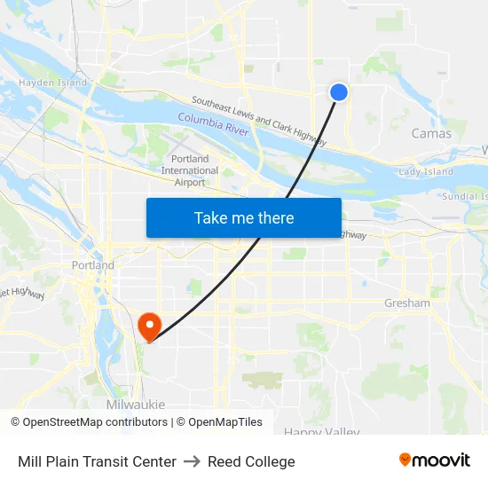 Mill Plain Transit Center to Reed College map