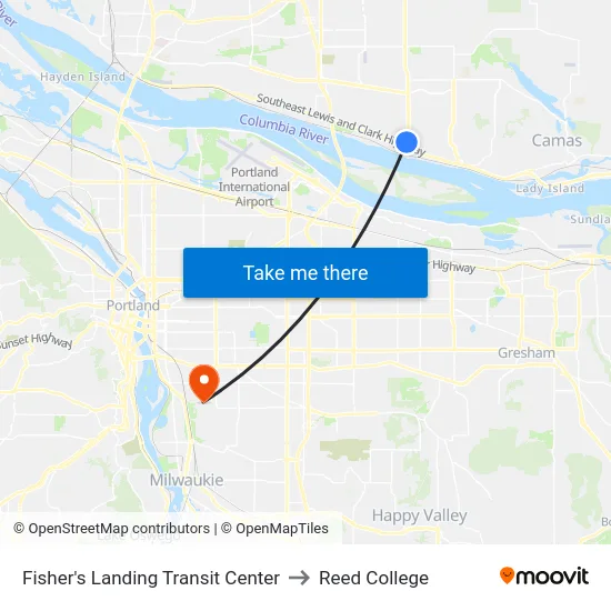 Fisher's Landing Transit Center to Reed College map