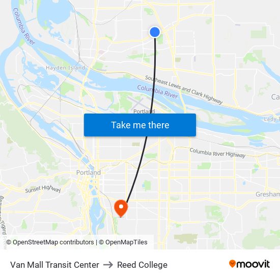 Van Mall Transit Center to Reed College map