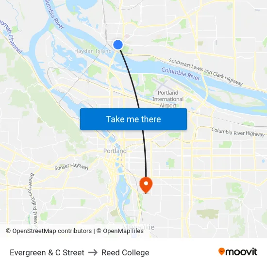 Evergreen & C Street to Reed College map