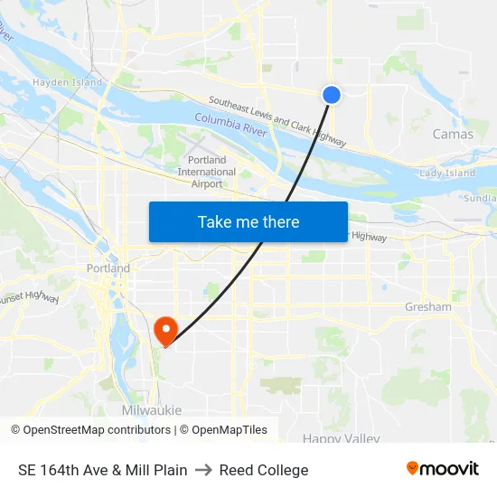 SE 164th Ave & Mill Plain to Reed College map