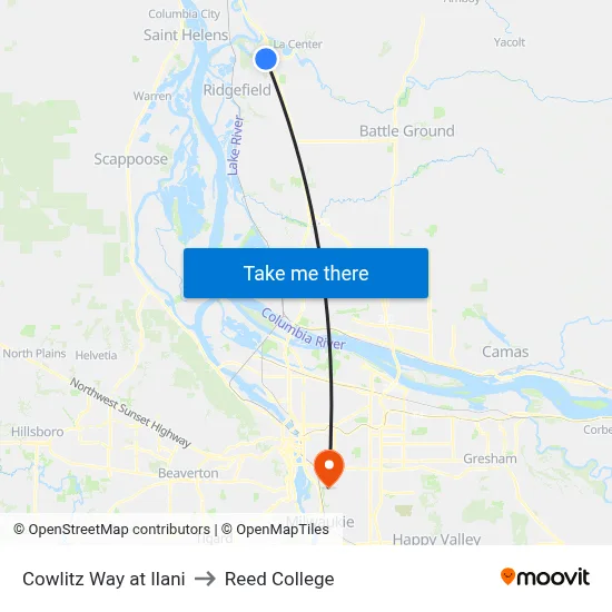 Cowlitz Way at Ilani to Reed College map