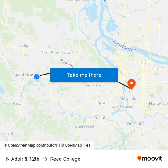 N Adair & 12th to Reed College map