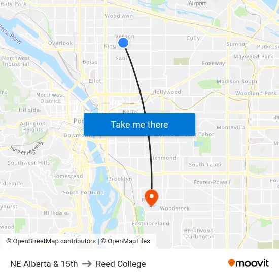 NE Alberta & 15th to Reed College map