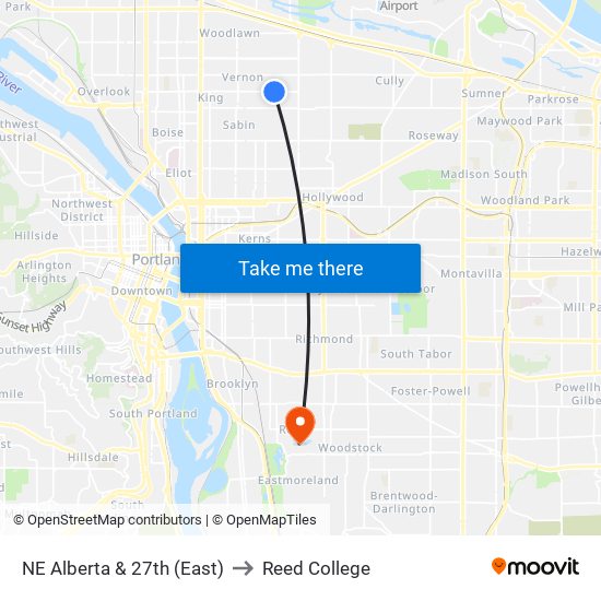 NE Alberta & 27th (East) to Reed College map