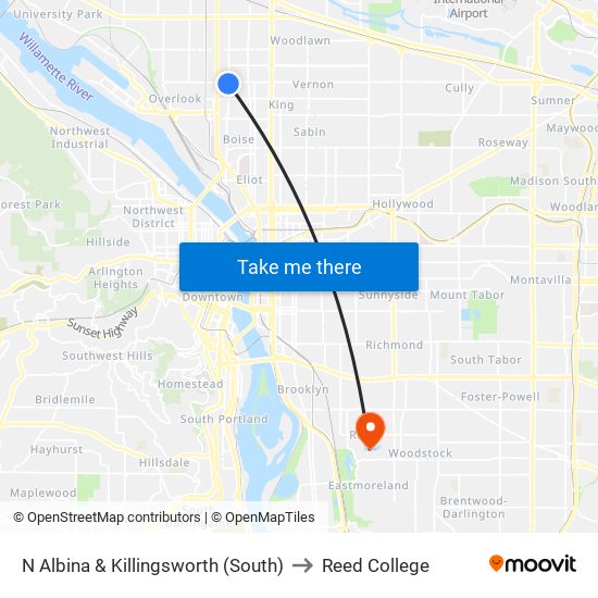 N Albina & Killingsworth (South) to Reed College map