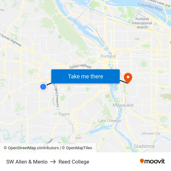 SW Allen & Menlo to Reed College map