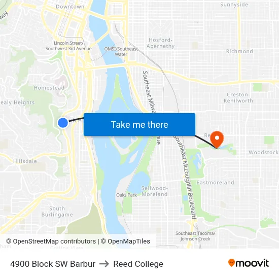 4900 Block SW Barbur to Reed College map