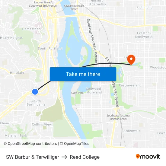 SW Barbur & Terwilliger to Reed College map