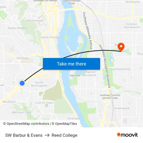 SW Barbur & Evans to Reed College map