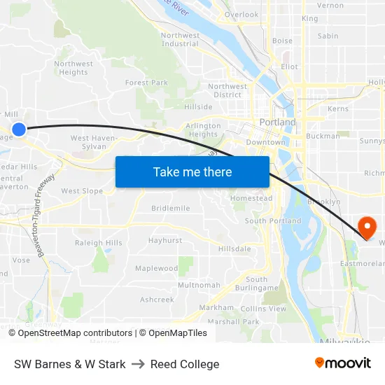 SW Barnes & W Stark to Reed College map