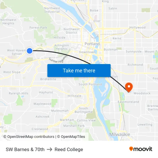 SW Barnes & 70th to Reed College map