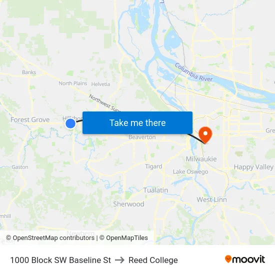 1000 Block SW Baseline St to Reed College map