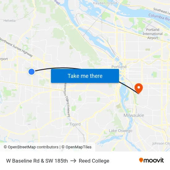 W Baseline Rd & SW 185th to Reed College map