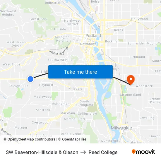 SW Beaverton-Hillsdale & Oleson to Reed College map