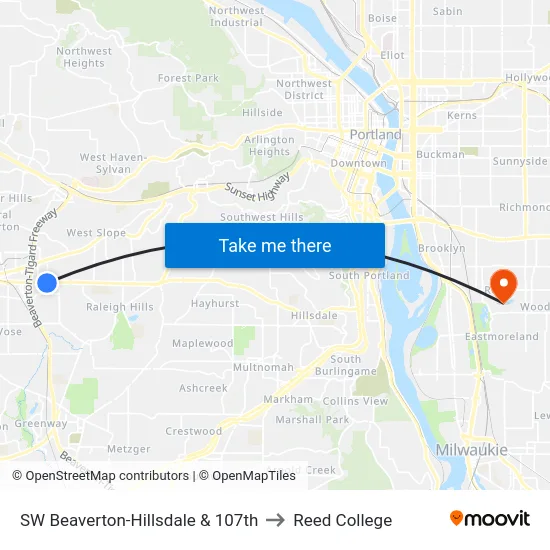 SW Beaverton-Hillsdale & 107th to Reed College map