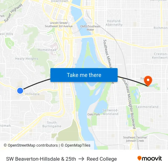 SW Beaverton-Hillsdale & 25th to Reed College map