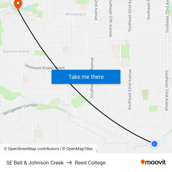 SE Bell & Johnson Creek to Reed College map