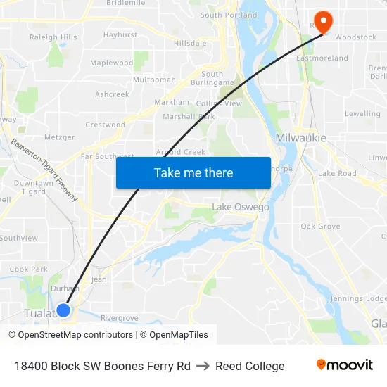 18400 Block SW Boones Ferry Rd to Reed College map