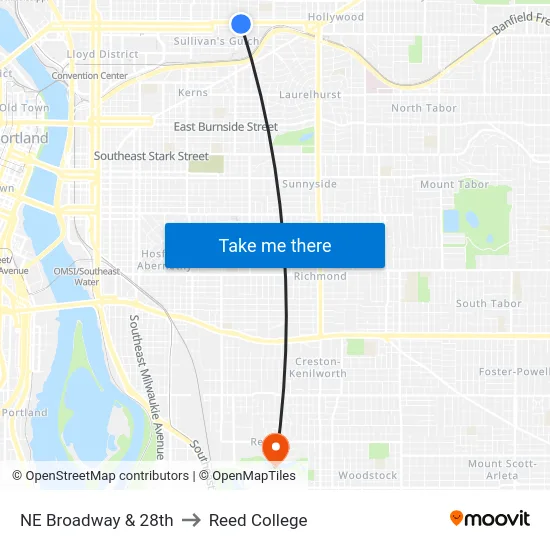 NE Broadway & 28th to Reed College map